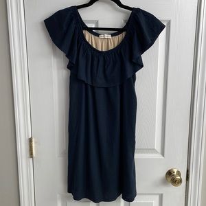 Newbury Kustom Ruffle Dress Navy Blue Mini Dress Size Medium Lined Linen
